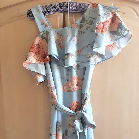 Women's Rose Floral Print Ruffle Hem Romper Short Sleeve Wide Leg Jumpsuit - Picture 8 of 13